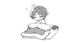  1boy alternate_costume blanket buku2_suisou cat chibi chibi_only faceplant furrowed_brow futon genshin_impact getting_up greyscale half-closed_eyes highres holding holding_blanket long_sleeves male_focus messy_hair monochrome no_headwear no_mouth no_nose pajamas pillow robe scaramouche_(cat)_(genshin_impact) scaramouche_(genshin_impact) shade short_hair simple_background sitting sketch solo squeans three_quarter_view two-handed under_covers wanderer_(genshin_impact) white_background 