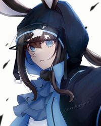  1girl amiya_(arknights) animal_ears arknights ascot black_jacket blue_ascot blue_eyes blue_jacket brown_hair commentary_request hair_between_eyes highres hood hood_up hooded_jacket jacket long_hair looking_at_viewer parted_lips rabbit_ears rabbit_girl sima_(164s25) solo split_mouth twitter_username two-sided_fabric two-sided_jacket upper_body watermark white_background 