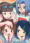  1boy 3girls black_hair blue_hair brown_hair commission embarrassed glasses gloria_(pokemon) green_eyes happy highres james_(pokemon) liko_(pokemon) looking_at_another looking_down mellow_yellow_(my_kakukaku) multiple_girls nail_polish open_mouth orange_background pokemon pokemon_(anime) sweatdrop wobbuffet 