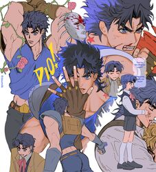  1boy age_progression angry arms_up ascot backpack bag birthmark blonde_hair blood blood_from_mouth blood_on_face blood_splatter blue_eyes blue_hair blue_tank_top blue_vest brown_gloves brown_jacket character_name chewing clenched_teeth closed_eyes collared_shirt dio_brando eating english_text eyelashes fangs fingerless_gloves fingernails flower gloves highres jacket joestar_birthmark jojo_no_kimyou_na_bouken jojo_pose jonathan_joestar jonathan_joestar's_pose_(jojo) kneehighs lips long_sleeves mary_janes multiple_persona multiple_views muscular muscular_male neck_ribbon nosebleed opposing_sides out_of_frame outstretched_hand parted_bangs phantom_blood pink_ribbon plant red_eyes ribbon rose shirt shoes shorts shoulder_pads shuaitofu socks speech_bubble star_(symbol) stone_mask_(jojo) string string_of_fate tank_top teeth tendril thick_eyebrows thorns v-shaped_eyebrows vest vines white_ascot white_shirt white_socks 