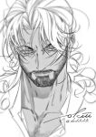  1boy absurdres beard_stubble dark-skinned_male dark_skin facial_hair greyscale highres light_smile long_hair male_focus mature_male monochrome okiii pectoral_cleavage pectorals portrait reverse:1999 shamane sparse_chest_hair stubble thick_eyebrows tsurime v-shaped_eyebrows 