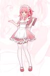  1girl alternate_costume ando_(user_hyza3545) apron blue_archive blush dress enmaided feathers frilled_apron frilled_dress frills full_body hair_between_eyes highres maid maid_headdress medium_hair one_side_up open_mouth pink_dress pink_eyes pink_hair red_footwear serina_(blue_archive) shoes short_sleeves smile solo thigh-highs white_apron white_thighhighs zoom_layer 