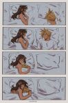  1boy 1girl ? ?? absurdres bed bed_sheet black_hair blonde_hair closed_mouth cloud_strife commentary couple cuddling final_fantasy final_fantasy_vii highres hug long_hair looking_at_another lying on_back on_side pillow profile sequential shirt short_hair short_sleeves sleeping smile spiky_hair strawderryst symbol-only_commentary tifa_lockhart twitter_username under_covers upper_body white_shirt 