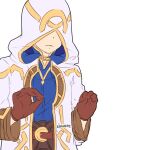  1boy belt brown_gloves brown_wrist_cuffs conope facing_to_the_side fire_emblem fire_emblem_heroes gloves gold_trim hood hood_up hooded_robe kiran_(fire_emblem) kiran_(male)_(fire_emblem) leather leather_gloves robe solo 