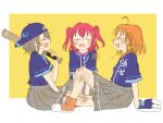  3girls ahoge baseball_bat baseball_cap baseball_mitt blue_shirt blush blush_stickers bow braid cyaron_(love_live!) grey_hair grey_skirt hair_bow hair_ornament hat holding holding_baseball_bat kase_(ks_lys) kurosawa_ruby love_live! love_live!_sunshine!! multiple_girls open_mouth orange_hair redhead shirt short_hair side_braid simple_background skirt smile sweatdrop takami_chika two_side_up watanabe_you yellow_bow 