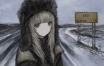  1girl bad_id bad_twitter_id blonde_hair blunt_bangs brown_hat brown_sweater chan8016 closed_mouth expressionless fur_hat grey_eyes grey_sky hat highres inactive_account long_hair looking_at_viewer muted_color original outdoors road road_sign sign sky snow solo sweater upper_body winter winter_clothes 