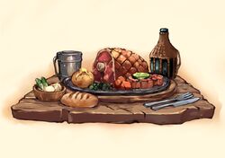  absurdres baked_potato bottle bowl bread carrot_slice food food_focus fork fruit ham hasegawa_(morebeer) highres knife lime_(fruit) lime_slice loaf meat no_humans onion original peas potato still_life table vegetable wooden_table 