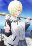  1girl baseball_(object) baseball_bat black_jacket blonde_hair blue_eyes blue_sky commentary_request green_ribbon hair_over_one_eye highres holding holding_baseball_bat ichiban577 jacket long_sleeves looking_at_viewer love_live! love_live!_nijigasaki_high_school_idol_club medium_hair mia_taylor multicolored_clothes multicolored_jacket neck_ribbon nijigasaki_school_uniform open_mouth outdoors plaid_clothes plaid_skirt ribbon school_uniform shirt skirt sky smile water white_jacket white_shirt 