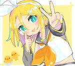  1girl akanbe bird black_sailor_collar blonde_hair blue_eyes blush bow chick detached_sleeves eyelid_pull hair_between_eyes hair_bow hair_ornament hairclip headphones highres kagamine_rin korosuke_(kr0sk) leaning_to_the_side looking_at_viewer midriff_peek multicolored_hair neckerchief sailor_collar shirt short_hair smile solo tongue tongue_out v vocaloid white_bow white_shirt yellow_nails yellow_neckerchief yellow_theme 