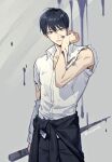  1boy akabane_yu black_hair character_request clothes_around_waist collarbone collared_shirt copyright_request cowboy_shot grey_background grey_eyes hair_between_eyes hand_on_own_face holding holding_weapon looking_at_viewer male_focus paint_stains parted_lips shirt short_hair solo standing teeth torn_clothes torn_shirt weapon white_shirt 