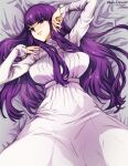  1girl blunt_bangs breasts dress fern_(sousou_no_frieren) highres large_breasts long_hair long_sleeves looking_at_viewer lying mina_cream on_back purple_hair seductive_smile sidelocks smile solo sousou_no_frieren straight_hair violet_eyes white_dress 