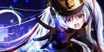  1girl absurdres altair_(re:creators) black_gloves blue_eyes coat commentary_request crossed_bangs eyelashes furrowed_brow glitch gloves hair_between_eyes hair_ribbon hat highres light_particles long_hair looking_at_viewer military_uniform open_mouth re:creators reaching reaching_towards_viewer red_eyes red_ribbon ribbon shako_cap solo taigaai4649 teeth tongue twintails two-tone_eyes uniform upper_body upper_teeth_only white_hair 