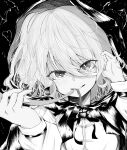  1girl flandre_scarlet greyscale hand_up highres hood medium_hair monochrome ribbon solo touhou tucking_hair upper_body user_gnza7482 