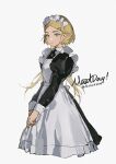  1girl akihare apron blonde_hair dress green_eyes highres long_hair looking_at_viewer maid maid_day pointy_ears princess_zelda the_legend_of_zelda the_legend_of_zelda:_breath_of_the_wild the_legend_of_zelda:_tears_of_the_kingdom 