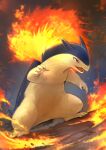 absurdres blurry commentary_request dated day_walker1117 fang fire hand_up highres hunched_over no_humans open_mouth pokemon pokemon_(creature) red_eyes solo typhlosion 