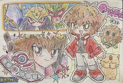  1boy :d black_shirt blush brown_eyes chibi collage colored_pencil_(medium) deformed djrem duel_academy_uniform_(yu-gi-oh!_gx) duel_disk duel_monster elemental_hero_avian elemental_hero_burstinatrix elemental_hero_sparkman full_body gotcha hair_between_eyes jacket long_sleeves male_focus multicolored_hair pharaoh_(cat) photo_(medium) red_jacket shirt short_hair smile traditional_media two-tone_hair winged_kuriboh yu-gi-oh! yu-gi-oh!_gx yuki_judai 