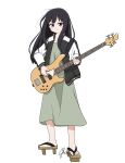  1girl absurdres black_hair black_jacket bocchi_the_rock! chiochiiii commentary cosplay dress full_body geta green_dress highres hiroi_kikuri hiroi_kikuri_(cosplay) inoue_takina jacket long_hair long_sleeves lycoris_recoil open_clothes open_jacket playing_guitar sidelocks signature simple_background solo standing violet_eyes white_background 