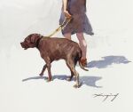  1girl animal animal_focus dog holding holding_leash leash nara_watercolor original painting_(medium) shadow sunlight traditional_media watercolor_(medium) white_background 