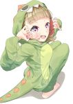  1girl :d absurdres blunt_bangs blush braid brown_hair center-flap_bangs claw_pose dinosaur_hood full_body hashtag-only_commentary highres hood hood_up kachimachi_kosuzu link!_like!_love_live! looking_at_viewer love_live! onesie open_mouth pink_eyes side_braid simple_background smile solo squatting teeth tori_(torinomorib) upper_teeth_only virtual_youtuber white_background 