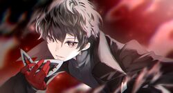  1boy amamiya_ren black_coat black_eyes black_hair coat eye_mask gloves hair_between_eyes hand_up high_collar holding holding_mask long_sleeves looking_at_viewer male_focus mask messy_hair parted_lips persona persona_5 red_gloves short_hair solo tsukitaka upper_body 