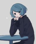  1girl blue_eyes blue_hair blush_stickers elbow_rest frown grey_background hair_ornament highres jitome long_sleeves looking_at_viewer maco22 original own_hands_together short_hair solo star_(symbol) sweater table 