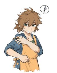  1boy apron blue_jacket cropped_torso gigantea_pp green_shirt hair_between_eyes highres hood hood_down hooded_jacket isoi_reiji jacket knife male_focus open_clothes open_jacket open_mouth saibou_shinkyoku shirt short_ponytail simple_background sleeves_rolled_up solo speech_bubble spoken_object white_background yellow_apron 