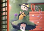  1girl :d absurdres black_bow black_hat black_sash blurry blurry_background blush bow capelet commentary detached_sleeves eyeball feet_out_of_frame frilled_capelet frilled_skirt frilled_sleeves frills green_capelet green_eyes green_skirt grey_hair hat hat_bow hat_ribbon heart heart_of_string highres koishi_day komeiji_koishi long_sleeves looking_at_viewer medium_hair open_mouth ribbon sash shirt skirt sleeve_bow smile solo standing symbol-only_commentary teeth thigh-highs third_eye touhou upper_teeth_only white_thighhighs wide_sleeves wrainman yellow_bow yellow_ribbon yellow_shirt yellow_sleeves 