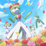  blue_sleeves closed_eyes clouds colored_skin evolutionary_line flower_bed full_body gallade gardevoir green_skin head_wreath holding_hands kirlia looking_up multicolored_skin no_humans petals pokemon pokemon_(creature) ralts red_eyes red_skin wataame4907 white_skin 
