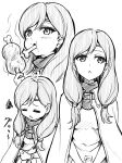  1girl bone boned_meat cloak eating eyelashes fire_emblem fire_emblem:_path_of_radiance fire_emblem:_radiant_dawn food hungry ilyana_(fire_emblem) long_hair meat monochrome multiple_views open_mouth simple_background solo ten_(tenchan_man) upper_body white_background 