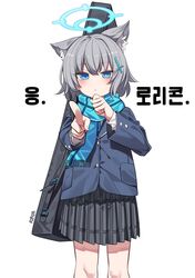  1girl absurdres animal_ears artist_name black_skirt blue_archive blue_coat blue_eyes blue_halo blue_scarf blush closed_mouth coat commentary_request cross cross_hair_ornament grey_hair hair_ornament halo highres index_finger_raised inverted_cross korean_commentary korean_text long_sleeves looking_at_viewer mismatched_pupils plaid_clothes plaid_skirt pleated_skirt pointing pointing_at_viewer rirua_(kjom802) scarf shiroko_(blue_archive) short_hair simple_background skirt solo translation_request weapon_case white_background wolf_ears wolf_girl 