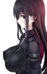  1girl alice_gear_aegis black_bodysuit black_eyes black_hair bodysuit breasts commentary_request covered_nipples highres kagome_misaki large_breasts messy_(efuya) mole mole_under_eye solo white_background 