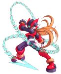  1boy absurdres android archived_source armor black_eyes blonde_hair energy_blade forehead_jewel full_body helmet highres holding holding_whip long_hair male_focus mega_man_(series) mega_man_zero_(series) mega_man_zero_2 nakayama_tooru official_art red_armor red_helmet simple_background solo white_background z_saber zero(z)_(mega_man) zero_(mega_man) 