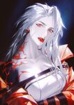  1girl asymmetrical_arms collarbone earrings fang harness highres jacket jewelry llmia4 looking_at_viewer ninety-nine_(path_to_nowhere) path_to_nowhere red_eyes restrained solo strapless tongue tongue_out tube_top upper_body white_tube_top 