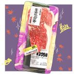  absurdres barcode food food_focus highres leaf meat no_humans original package raw_meat takisou_sou yen_sign 