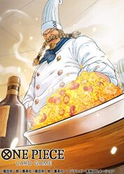  1boy blonde_hair blue_neckerchief bottle braided_mustache chef_hat commentary_request copyright_name facial_hair from_below hand_on_own_hip hat looking_at_viewer male_focus mustache nagare_seiya neckerchief official_art one_piece one_piece_card_game open_mouth plate red-leg_zeff rice smoke solo upper_body 