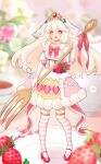  1girl absurdres blurry blurry_background blush cake dress elbow_gloves food food-themed_clothes fork fruit full_body gloves highres long_hair looking_at_viewer marian_oekaki open_mouth original oversized_object pink_eyes plate short_sleeves smile solo strawberry strawberry_shortcake striped_clothes striped_thighhighs thigh-highs tiara underbust very_long_hair whipped_cream white_hair 