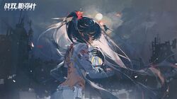  artist_request bare_back black_hair clouds cloudy_sky fire full_moon highres holding hug hugging_object jacket lucia_(punishing:_gray_raven) mechanical_arms mechanical_parts mechanical_spine moon multicolored_hair night night_sky official_art open_clothes open_jacket profile punishing:_gray_raven red_eyes ruins sky spine twintails two-tone_hair 