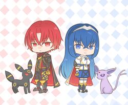  1boy 1girl 2others alear_(female)_(fire_emblem) alear_(fire_emblem) alear_(male)_(fire_emblem) blue_eyes blue_hair cape espeon fire_emblem fire_emblem_engage looking_at_viewer multiple_others pokemon pokemon_colosseum red_eyes redhead sn_eng_gyk0707 umbreon 