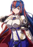  1girl absurdres alear_(female)_(fire_emblem) alear_(fire_emblem) blue_eyes blue_hair bow bowtie braid breasts crossed_bangs crown_braid fire_emblem fire_emblem_engage heterochromia highres large_breasts multicolored_hair red_eyes redhead tiara to_(tototo_tk) two-tone_hair white_bow white_bowtie 