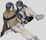  2boys ? absurdres animal black_hair black_shorts blue_eyes blue_hair blue_jacket cat character_request closed_mouth collared_shirt commentary_request full_body grey_background headband highres jacket jacket_on_shoulders jiz_(pffbq) knees_up long_hair looking_at_animal looking_down male_focus multicolored_eyes multiple_boys muted_color shirt shoes short_hair short_sleeves shorts siamese_cat simple_background sitting smile sportswear sweatband tennis_no_ouji-sama tennis_uniform white_jacket wristband yellow_jacket yellow_shirt 