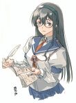 1girl black_hair blue_skirt book breasts cropped_legs glasses hair_between_eyes hairband highres holding holding_book holding_quill kantai_collection long_hair long_sleeves looking_at_viewer medium_breasts necktie ooyodo_(kancolle) quill red_necktie sailor_collar school_uniform serafuku simple_background skirt solo suzumaru tassel white_background 