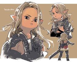  1boy brown_background brown_eyes final_fantasy final_fantasy_xiv leggings long_hair looking_at_viewer male_focus multiple_views pipin_tarupin pointy_ears signature solo white_hair yabuka_shiwa 