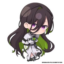  1girl arms_behind_back black_hair black_ribbon breasts chain character_name chibi closed_mouth commentary english_commentary full_body goddess_of_victory:_nikke green_hair guilty_(nikke) hair_between_eyes highres large_breasts leaning_forward light_frown long_hair looking_at_viewer multicolored_hair official_art purple_hair raised_eyebrows ribbon single_hair_intake solo thigh_gap totatokeke two-tone_hair very_long_hair white_footwear 