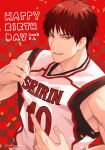  1boy basketball_jersey checkered_background chirol22 confetti dated happy_birthday kagami_taiga kuroko_no_basuke light_smile looking_at_viewer male_focus parted_lips red_background red_eyes redhead short_hair sleeveless solo teeth upper_body 