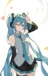  1girl ;d absurdres aqua_hair arm_up bare_shoulders black_skirt black_thighhighs collared_shirt detached_sleeves dot_nose double-parted_bangs floating_hair frilled_shirt frills grey_shirt hair_between_eyes hair_intakes hair_ornament hatsune_miku headphones heart highres light_blush long_hair looking_at_viewer one_eye_closed pleated_skirt shirt sidelocks simple_background skirt sleeveless sleeveless_shirt smile sunlight teeth thigh-highs twintails v very_long_hair vocaloid white_background wide_sleeves wudongyouyi 