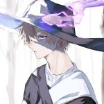  1boy abstract_background amn_ic01 black_hat blonde_hair closed_mouth expressionless fire hair_between_eyes hat heterochromia highres looking_at_viewer male_focus purple_fire shirt short_hair sinsekai_studio solo tobia_(sinsekai) tree upper_body violet_eyes virtual_youtuber white_background white_eyes white_shirt wide_brim 