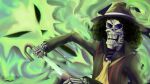  1boy afro black_hair black_hat brook_(one_piece) collarbone commentary english_commentary formal ghost hat highres holding holding_weapon itselfsearcher long_sleeves male_focus official_alternate_costume one_piece open_mouth sheath signature skeleton solo suit sword unsheathing weapon 