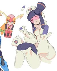  2girls black_bodysuit black_hair black_helmet blonde_hair bodysuit clenched_hands first_aid_kit glasses gloves green_eyes hat heart helmet highres holding_pill leotard looking_at_viewer mayutsuba_mono meddy.exe_(mega_man) mega_man_(series) mega_man_battle_network_(series) multiple_girls netnavi nurse nurse_cap open_mouth pill pink-tinted_eyewear pink_gloves pink_helmet pink_leotard red-tinted_eyewear roll.exe_(mega_man) sidelocks sitting smile solo tinted_eyewear white_gloves 
