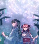  2girls black_eyes black_hair blue_kimono blunt_bangs blurry blurry_foreground branch brown_eyes closed_mouth colored_inner_hair commentary_request depth_of_field ear_piercing earrings grey_hair hair_between_eyes highres inkya_gyaru_demo_ikigaritai! japanese_clothes jewelry kashiwagi_tsukiko kimono kuran_arisa light_particles long_hair long_sleeves multicolored_hair multiple_girls night obi ogino_ichiko open_mouth outdoors parted_lips piercing pink_hair sash sky star_(sky) starry_sky tanabata tanzaku twintails two-tone_hair two_side_up upper_body white_kimono wide_sleeves 