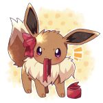  bow brown_fur eevee looking_at_viewer mouth_hold no_humans pokemon pokemon_(creature) red_bow red_ribbon ribbon ribbon_in_mouth roku_(rokkrn) solo two-tone_fur violet_eyes white_fur 